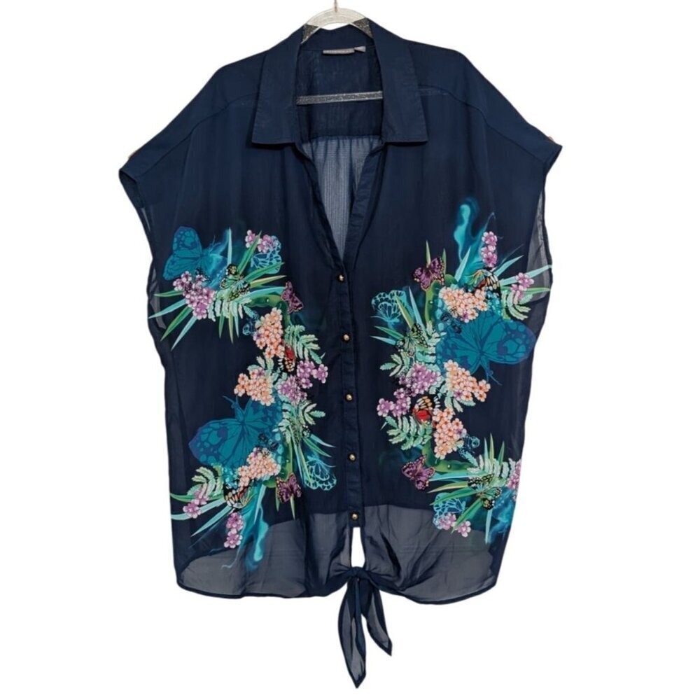 Ros & Ali Floral Sheer Blouse Womens Size 3X Blue Butterflies Short Sleeve